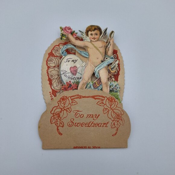 Vintage Paper Pop Up Valentines Day Card Cupid Rose To My Valentine German - Picture 4 of 6
